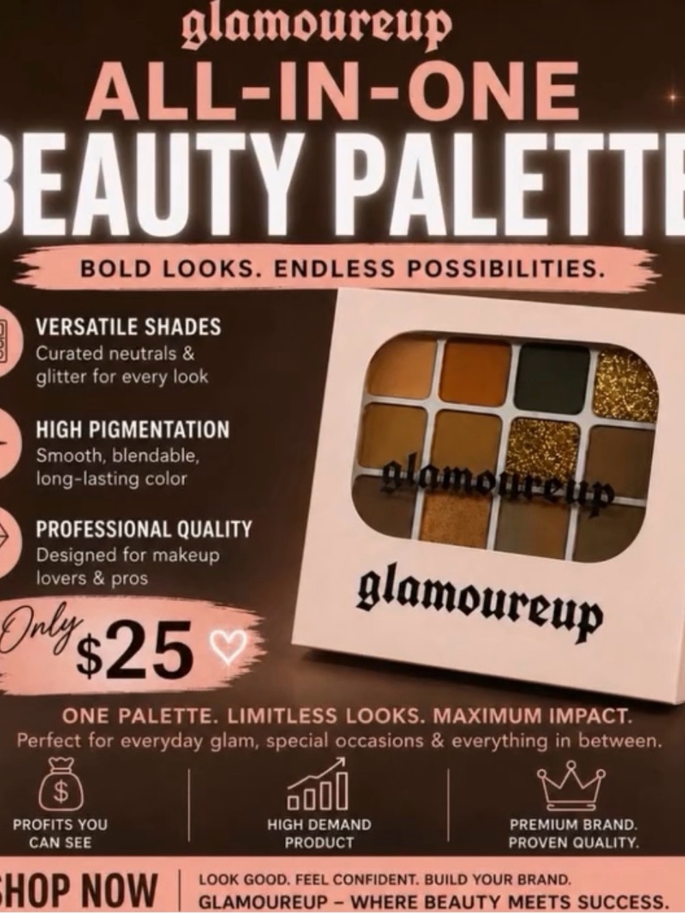 Glamour All-in-One Eyeshadow Palette — Gold, Brown, Black